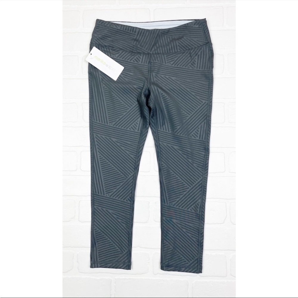 Marika Striped Crop Athletic Leggings With Waistband Pocket Gray Size Small